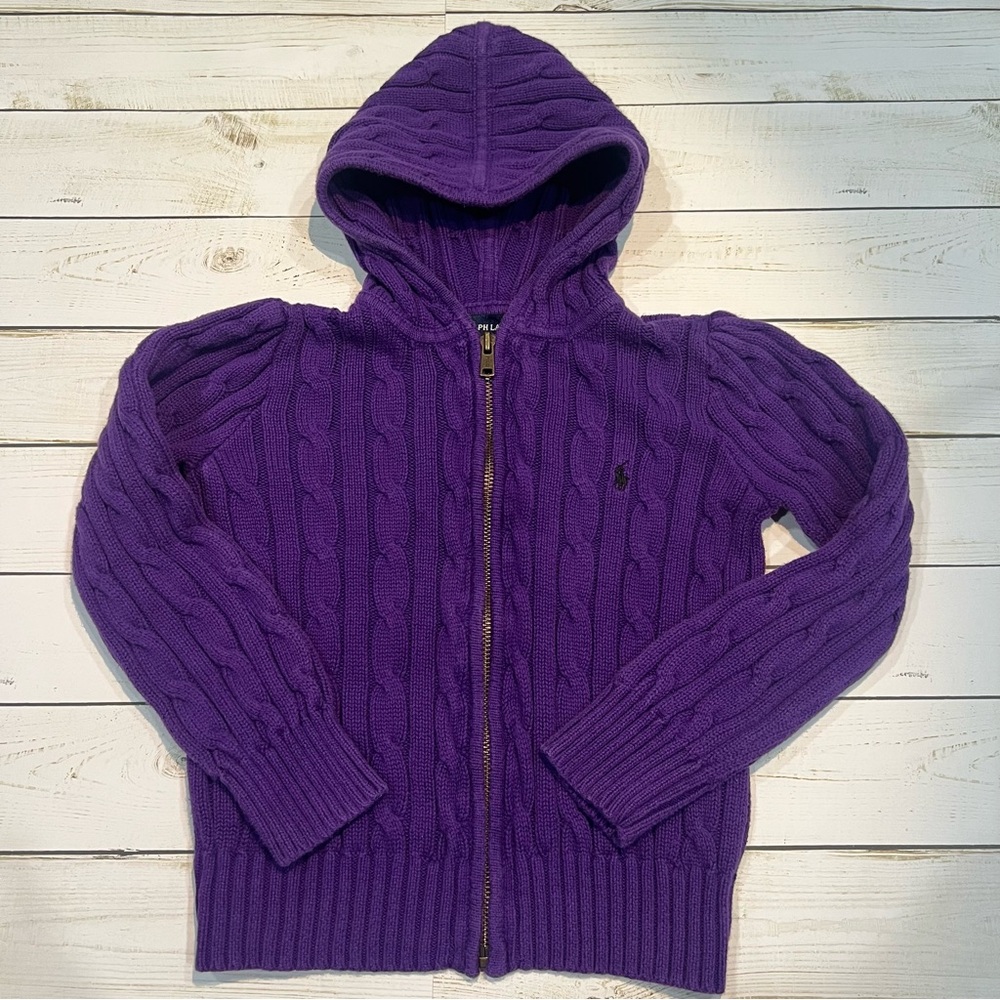 Ralph Lauren Big Girls Mini Cable Cotton Full Zip Hoodie Sz 6 Color Purple